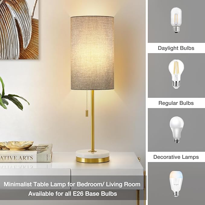 Luvkczc Minimalist Table Lamp Set of 2, Nightstand Lamp for Bedroom Living Room, Modern Pull Chain Bedside Lamp with Marble Base, Fabric Shade, Small Desk Lamp for Home, Office, Reading,Grey - LeafyLoom