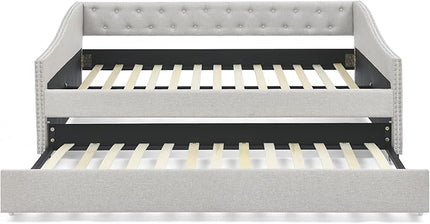 Full Size Upholstered Daybed with Twin Trundle, Wooden Sofa Bed w/Button Tufted Backrest and Waved Shape Arms, No Box Spring Needed, for Living Room, Bedroom, Dorm, Beige - LeafyLoom