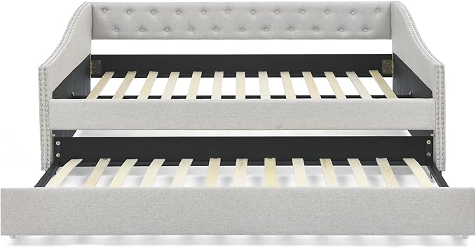 Full Size Upholstered Daybed with Twin Trundle, Wooden Sofa Bed w/Button Tufted Backrest and Waved Shape Arms, No Box Spring Needed, for Living Room, Bedroom, Dorm, Beige - LeafyLoom