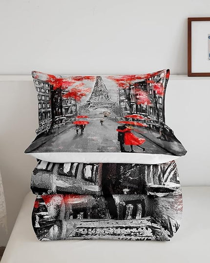 Eiffel Tower Comforter Set King Size for Girls Women Romantic Paris Street Bedding Sweet Couple Lover Red Flowers Floral Quilted Duvet French Style Down Comforter Chic Paris Cityscape Comforter - LeafyLoom