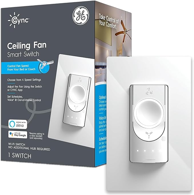 GE CYNC Smart Ceiling Fan Control, Neutral Wire Required, Bluetooth and 2.5 GHz Wi-Fi 4-Wire Smart Switch, Works with Amazon Alexa and Google Home, White CYNCSmartHome