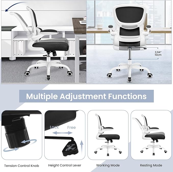 Office Chair, Ergonomic Desk Chair with Lumbar Support and Adjustable Armrests, Comfy Desk Chair Breathable Mesh Mid Back Computer Chair, Reclining Office Chair for Home Office - White - LeafyLoom