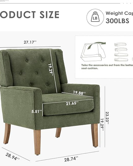 COLAMY Mid-Century Accent Chairs, Modern Wingback Living Room Chair, Upholstered Armchair with Button Tufted Back and Wood Legs for Bedroom/Office/Reading Spaces, Green - LeafyLoom