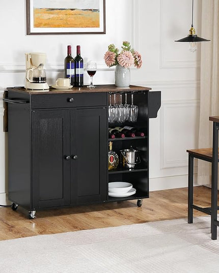 HOOBRO Kitchen Island with Storage, Rolling Kitchen Island with Folding Drop Leaf, Charging Station, Spice Rack, Drawer, Mobile Kitchen Island On Wheels, for Kitchen, Black and Rustic Brown BF95UZD01 - LeafyLoom