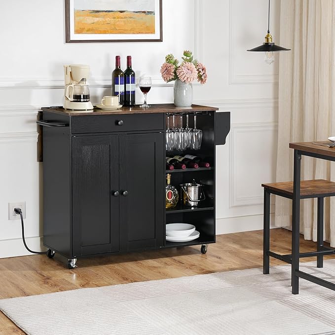 HOOBRO Kitchen Island with Storage, Rolling Kitchen Island with Folding Drop Leaf, Charging Station, Spice Rack, Drawer, Mobile Kitchen Island On Wheels, for Kitchen, Black and Rustic Brown BF95UZD01 - LeafyLoom