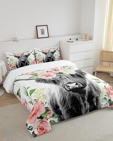 Feelyou Highland Cow Bedding Set Kids Rose Floral Bull Cattle Comforter Set for Girls Teens Western Wildlife Animal Comforter Farmhouse Duvet Set Room Decor Quilt Set Queen Size - LeafyLoom