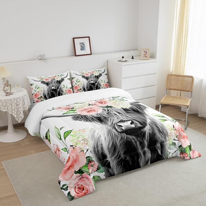 Feelyou Highland Cow Bedding Set Kids Rose Floral Bull Cattle Comforter Set for Girls Teens Western Wildlife Animal Comforter Farmhouse Duvet Set Room Decor Quilt Set Queen Size - LeafyLoom