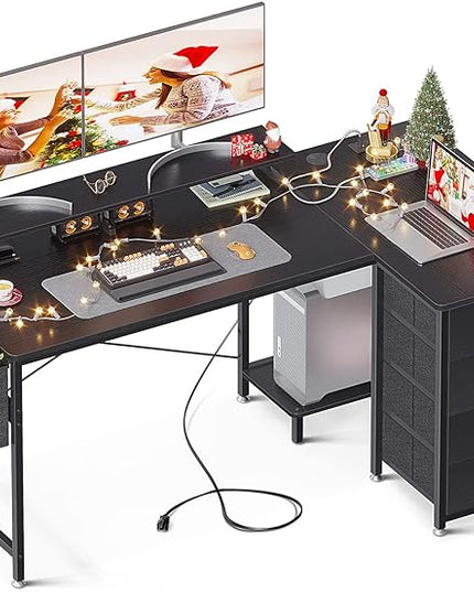 KKL 55 inch L Shaped Computer Desk with USB Charging Port & Power Outlet, L-Shaped Corner Desk with 4 Tier Drawer & Monitor Shelf for Home Office Workstation, Modern Style Writing Table, Black - LeafyLoom