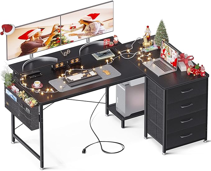 KKL 55 inch L Shaped Computer Desk with USB Charging Port & Power Outlet, L-Shaped Corner Desk with 4 Tier Drawer & Monitor Shelf for Home Office Workstation, Modern Style Writing Table, Black - LeafyLoom