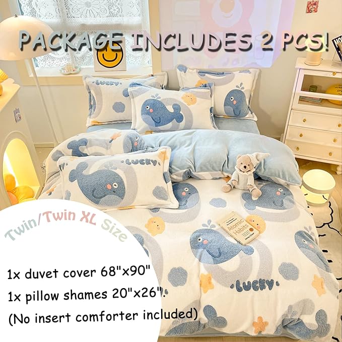 MorroMorn Twin Duvet Cover Set, Blue Whale Comforter Covers Bedding Sets, Fluffy Blanket Ultra Soft Kawaii Cute for Girls Toddler Kids Teen Women Twin/Twin XL Size - LeafyLoom