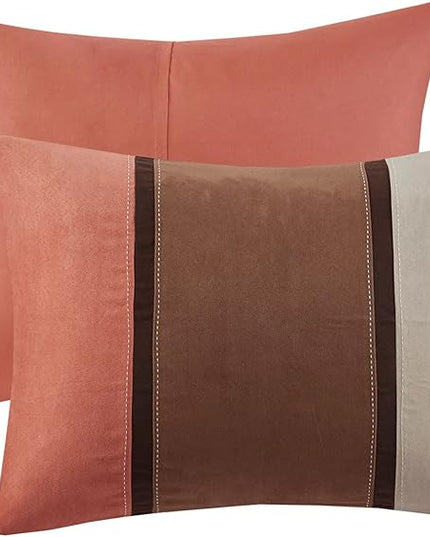 Madison Park Palisades Comforter Set Modern Faux Suede Pieced Stripe Design, All Season Down Alternative Cozy Bedding with Matching Shams, Decorative Pillows, Cal King(104"x92"), Coral 7 Piece - LeafyLoom