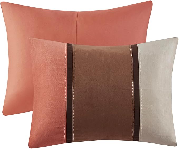 Madison Park Palisades Comforter Set Modern Faux Suede Pieced Stripe Design, All Season Down Alternative Cozy Bedding with Matching Shams, Decorative Pillows, Cal King(104"x92"), Coral 7 Piece - LeafyLoom