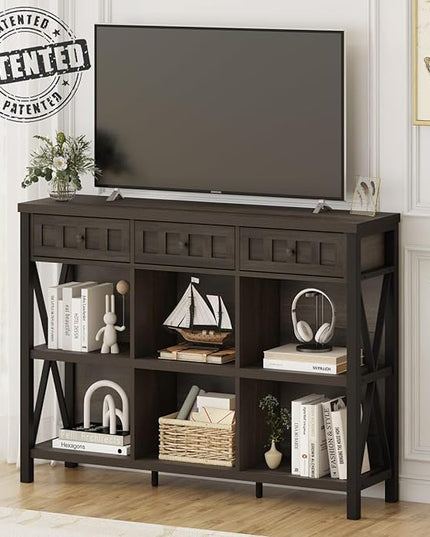 FATORRI Rustic 6 Cube Storage Organizer Shelf with 3 Drawers, Long Horizontal Bookshelf, Industrial Wood and Metal Cubby Bookcase (Walnut Brown, 47 Inch) - LeafyLoom