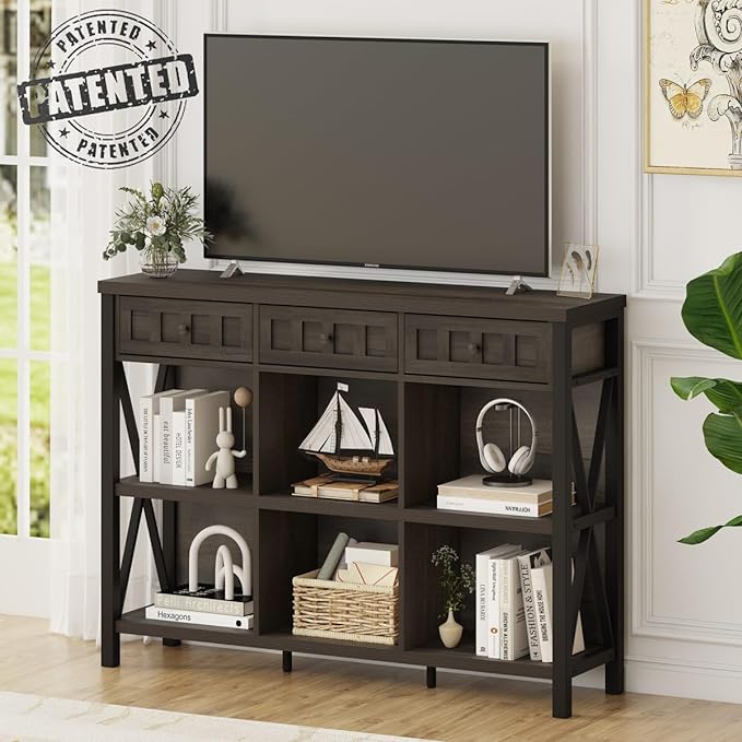 FATORRI Rustic 6 Cube Storage Organizer Shelf with 3 Drawers, Long Horizontal Bookshelf, Industrial Wood and Metal Cubby Bookcase (Walnut Brown, 47 Inch) - LeafyLoom