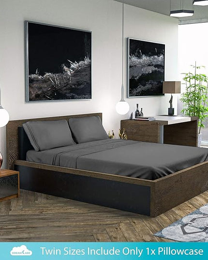 DREAMCARE Twin Sheets - Cooling Bed Sheets - 4pcs Set - up to 15" Deep Pocket Twin Bed Sheets - Twin Sheet Set - Bed Sheets Twin Soft Lasting 100% Fine Brushed Polyester with Side Pocket - D.Gray - LeafyLoom