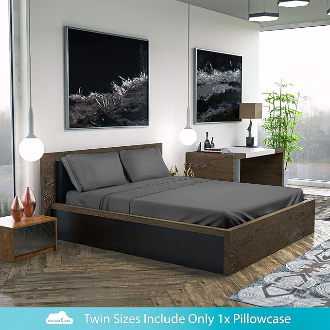 DREAMCARE Twin Sheets - Cooling Bed Sheets - 4pcs Set - up to 15" Deep Pocket Twin Bed Sheets - Twin Sheet Set - Bed Sheets Twin Soft Lasting 100% Fine Brushed Polyester with Side Pocket - D.Gray - LeafyLoom