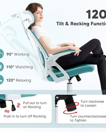 SEATZONE Office Chair, High Back Ergonomic Desk Chair Mesh Computer Chair with Adjustable Lumbar Support and Headrest, Swivel Task Chair with Flip-up Armrests for Home Office,Lake Blue - LeafyLoom