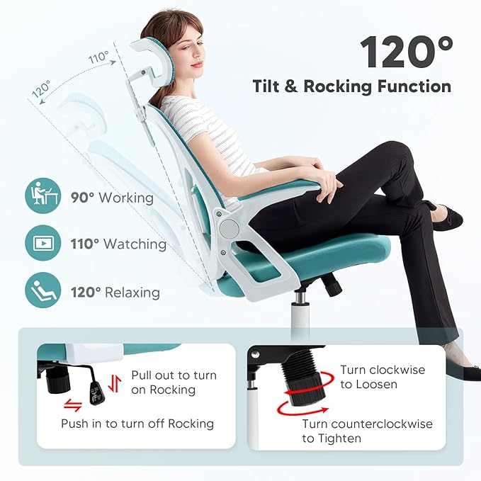 SEATZONE Office Chair, High Back Ergonomic Desk Chair Mesh Computer Chair with Adjustable Lumbar Support and Headrest, Swivel Task Chair with Flip-up Armrests for Home Office,Lake Blue - LeafyLoom