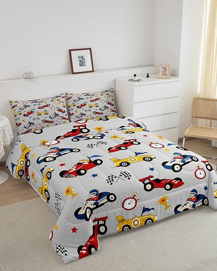 Feelyou Kids Cartoon Car Comforter Set Full Size Racing Car Bedding Set for Boys Girls Teen Kids Children Home Decor Racing Car Comforter Race Cars Quilt Bed Set Red Grey Bedding Set for All Season - LeafyLoom