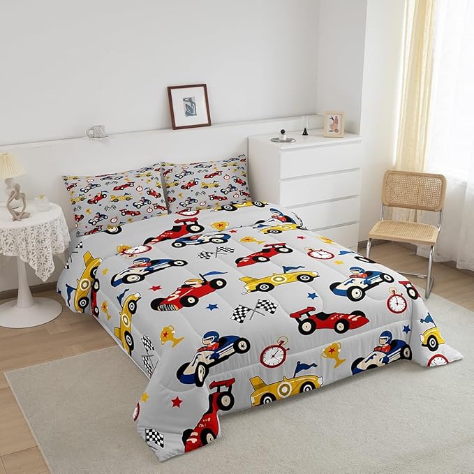 Feelyou Kids Cartoon Car Comforter Set Full Size Racing Car Bedding Set for Boys Girls Teen Kids Children Home Decor Racing Car Comforter Race Cars Quilt Bed Set Red Grey Bedding Set for All Season - LeafyLoom
