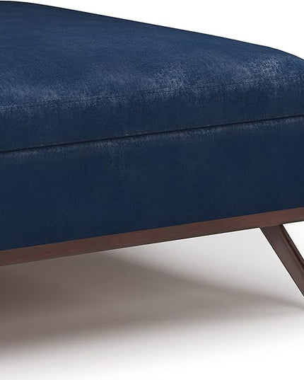 SIMPLIHOME Owen 36 Inch Wide Mid Century Modern Square Coffee Table Lift Top Storage Ottoman in Upholstered Distressed Dark Blue Faux Leather, For the Living Room - LeafyLoom