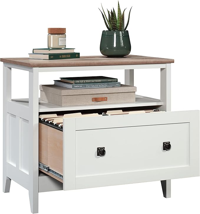 Sauder August Hill Lateral File, L: 19.53" x W: 32.28" x H: 29.25", Soft White Finish - LeafyLoom