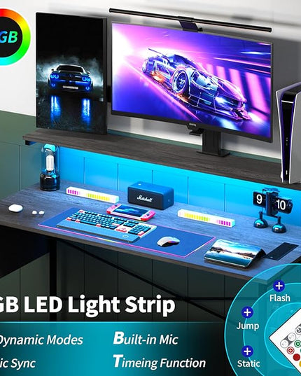 Yoobure Computer Desk with Power Outlets Fast Charging Type-C Included, Gaming Desk with LED Lights, 47" Office Desk with Adjustable Monitor Stand, Small Desk Home Office Desks with Storage Bag & Hook - LeafyLoom