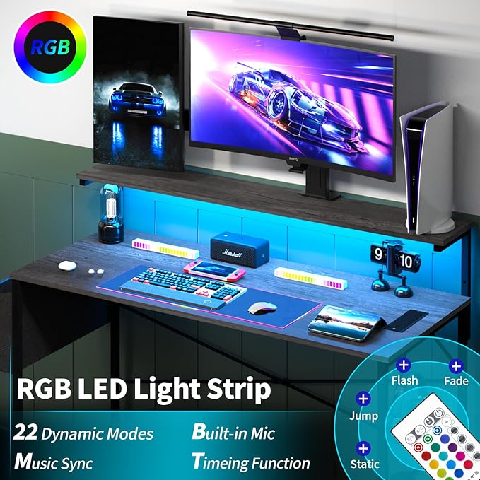 Yoobure Computer Desk with Power Outlets Fast Charging Type-C Included, Gaming Desk with LED Lights, 47" Office Desk with Adjustable Monitor Stand, Small Desk Home Office Desks with Storage Bag & Hook - LeafyLoom