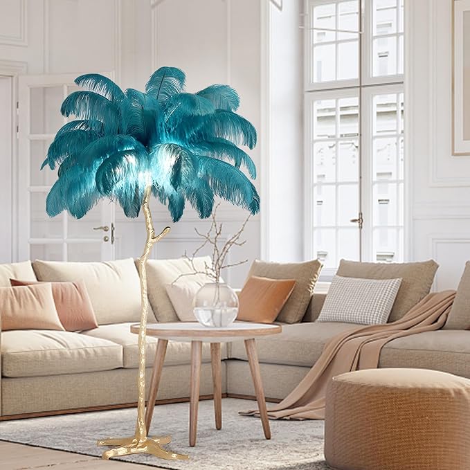 Ostrich Feather Floor Lamp, Modern LED Dimmable Standing Lamp, Romantic Princess Bedroom Reading Lamp, Tall Corner Lamp for Living Room, Dining Room and Office (Dark Green) - LeafyLoom