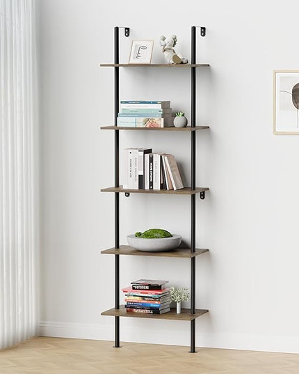 5 Tier Ladder Shelf Bookcase, Extra Sturdy Modern Bookshelf Wall Mounted, Tall Black Open Book Shelf, Standing Industrial Metal Frame with Wooden Shelves, 67“ (H) × 17(W) - LeafyLoom