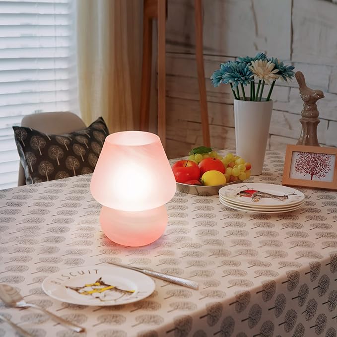 Mushroom Table Lamps for Bedroom Set of 2 Nightstand Light Pink, Small Glass Nightlight Stepless Dimmable Desk Lamp for Dining, Living, Nursery, Vanity, Home Decor, Gift for Girls Women - LeafyLoom