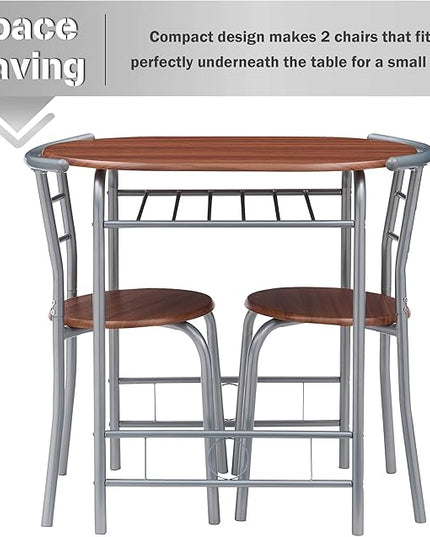 VECELO 3-Piece Dining Table Set for Kitchen Breakfast Nook, Wood Grain Oval Tabletop and Metal Frame with Built-in Wine Rack, for Small Spaces, 31.5", Brown & Silver - LeafyLoom