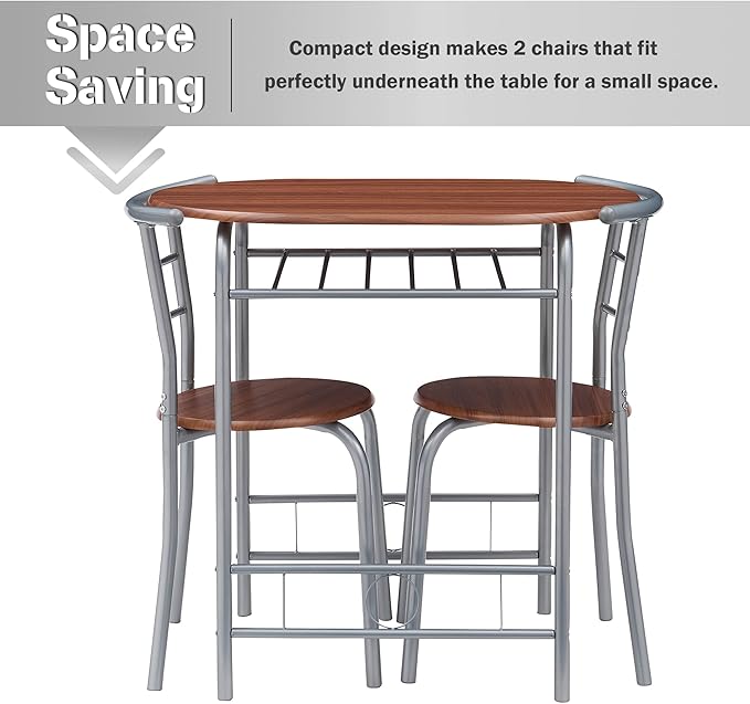 VECELO 3-Piece Dining Table Set for Kitchen Breakfast Nook, Wood Grain Oval Tabletop and Metal Frame with Built-in Wine Rack, for Small Spaces, 31.5", Brown & Silver - LeafyLoom