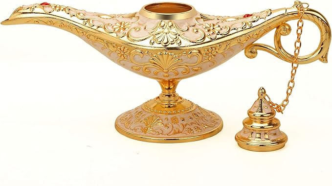 Classic Aladding Magic Genie Lamp Legend Wishing Light Costume Lamp Metal Carved Cone Incense Burner for Home Tabletop Decoration Party Birthday Halloween Christmas(Beige) - LeafyLoom