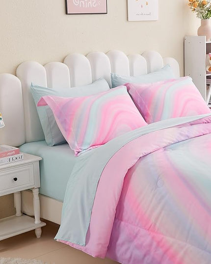 Wajade Girls Pink Comforter Set Bed in A Bag Queen Size 7 Piece 3D Colorful Tie Dye Pink Rainbow Bedding Set for Teens Girls (1 Comforter, 1 Flat Sheet, 1 Fitted Sheet, 2 Pillowcase and 2 Pillow Sham) - LeafyLoom