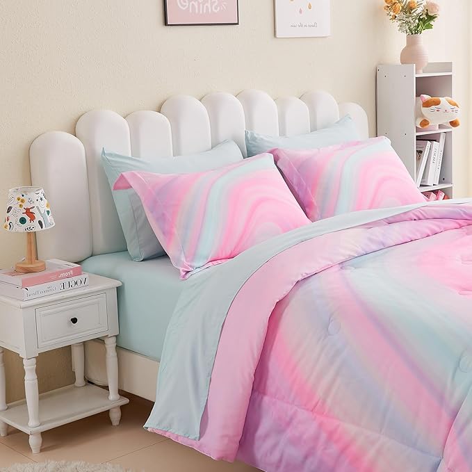 Wajade Girls Pink Comforter Set Bed in A Bag Queen Size 7 Piece 3D Colorful Tie Dye Pink Rainbow Bedding Set for Teens Girls (1 Comforter, 1 Flat Sheet, 1 Fitted Sheet, 2 Pillowcase and 2 Pillow Sham) - LeafyLoom