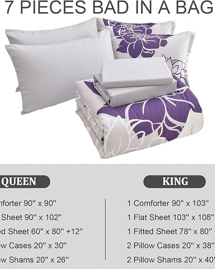 Purple Comforter Set King 7 Piece Bed in a Bag Purple Floral Comforter with Sheet Set Soft Micorfiber Reversible Bedding Set (1 Comforter,2 Pillow Shams,1 Flat Sheet,1 Fitted Sheet,2 Pillowcases) - LeafyLoom