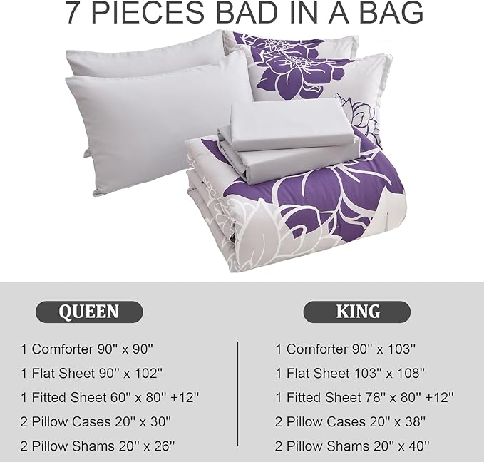 Purple Comforter Set King 7 Piece Bed in a Bag Purple Floral Comforter with Sheet Set Soft Micorfiber Reversible Bedding Set (1 Comforter,2 Pillow Shams,1 Flat Sheet,1 Fitted Sheet,2 Pillowcases) - LeafyLoom