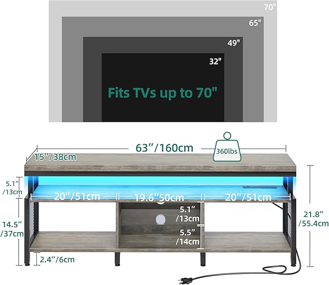 YITAHOME LED Television Stands w/Power Outlets for 70/65 inch, Modern Industrial TV Stand, Entertainment Center w/Open Storage TV Table, Entertainment Center for 360lbs for Living Room, Gray - LeafyLoom