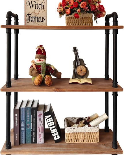 3 Tier Industrial Pipe Bookcase, Rustic Farmhouse Bookshelf with Solid Wood for Living Room, Kitchen, Office - LeafyLoom