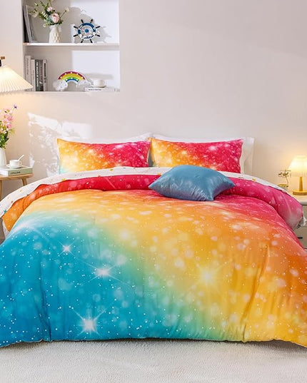 A Nice Night Gradient Glitter 6Pcs Bed in A Bag Bedding Set for Girls Full Size, Colorful Rainbow Galaxy Comforter Set, Ultra Soft Bedding Sets, YellowBlue - LeafyLoom