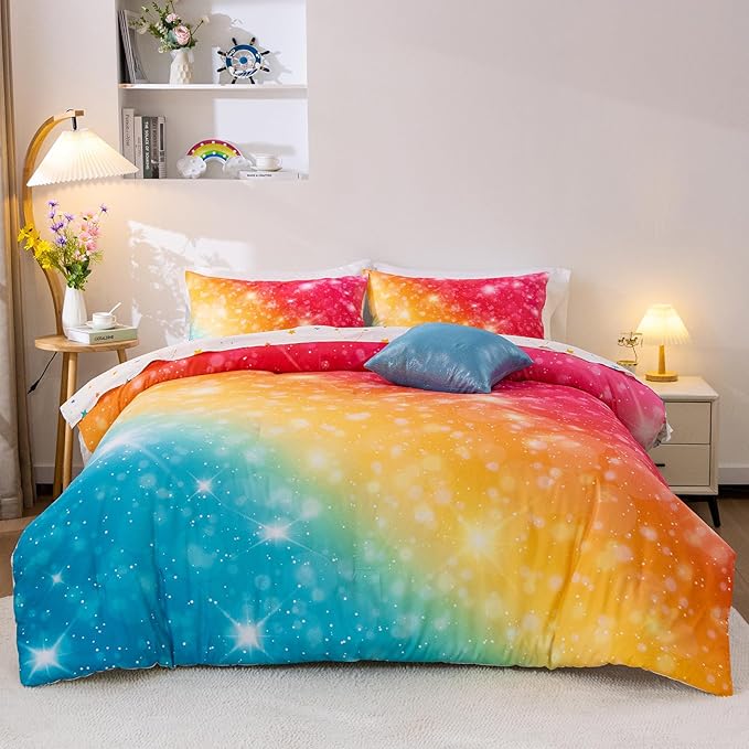 A Nice Night Gradient Glitter 6Pcs Bed in A Bag Bedding Set for Girls Full Size, Colorful Rainbow Galaxy Comforter Set, Ultra Soft Bedding Sets, YellowBlue - LeafyLoom