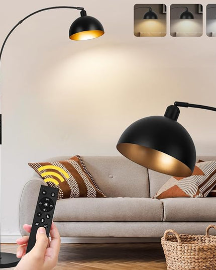 【Upgraded】Black Arc Floor Lamps for Living Room - Dimmable Arched Floor Lamp with Remote Control & 2700-6000K 9W LED Bulb Included, Modern Arch Standing lamp, Industrial Tall Lamp for Bedroom Reading - LeafyLoom
