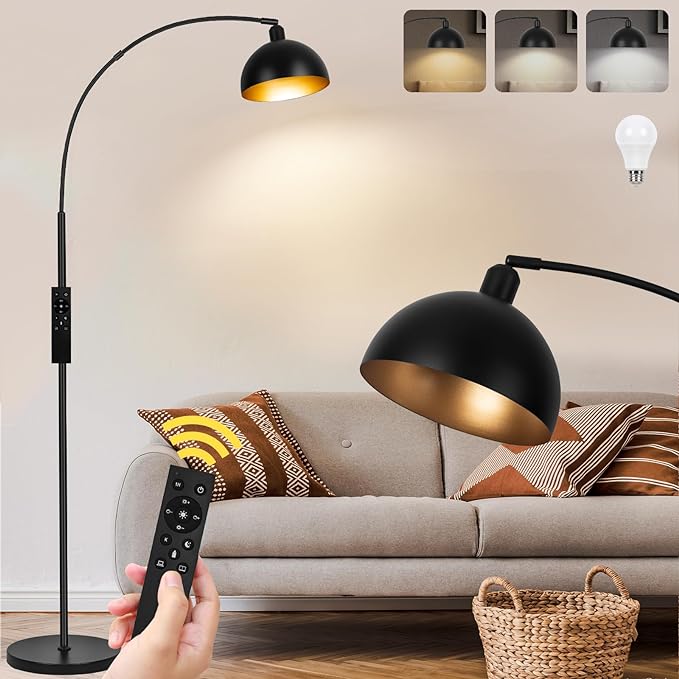 【Upgraded】Black Arc Floor Lamps for Living Room - Dimmable Arched Floor Lamp with Remote Control & 2700-6000K 9W LED Bulb Included, Modern Arch Standing lamp, Industrial Tall Lamp for Bedroom Reading - LeafyLoom