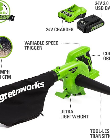 Greenworks 24V (90 MPH / 180 CFM / 125+ Compatible Tools) Cordless Shop Blower, 2.0Ah Battery and Charger Included - LeafyLoom