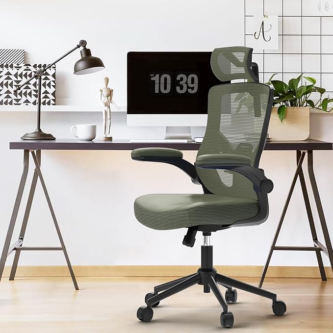 𝑯𝑶𝑴𝑬 𝑶𝑭𝑭𝑰𝑪𝑬 𝑪𝑯𝑨𝑰𝑹, Ergonomic Mesh Desk Chair, High Back Computer Chair- Adjustable Headrest with Flip-Up Arms, Lumbar Support, Swivel Executive Task Chair (Hunter Green, Modern) - LeafyLoom