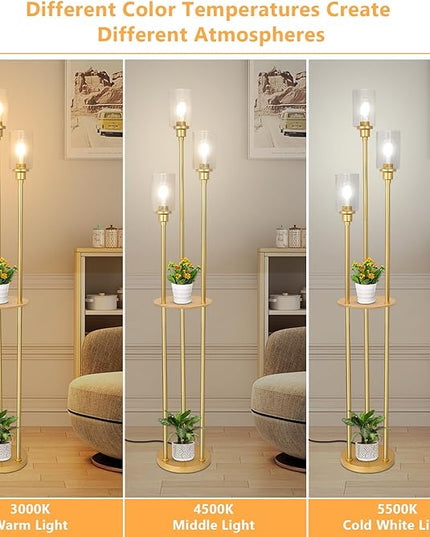HMVPL Floor Lamps for Living Room, Gold Floor Lamp with Shelves, 3-Lights Modern Brass Standing Lamp with Glass Shades, On/Off Foot Switch, Mid Century Tall Lamp for Bedroom Corner Office(66") - LeafyLoom
