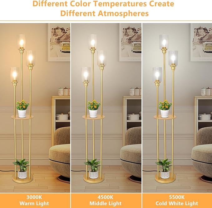 HMVPL Floor Lamps for Living Room, Gold Floor Lamp with Shelves, 3-Lights Modern Brass Standing Lamp with Glass Shades, On/Off Foot Switch, Mid Century Tall Lamp for Bedroom Corner Office(66") - LeafyLoom