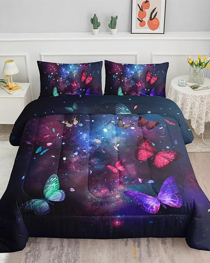 Butterfly Comforter Set for Girls Women,Colorful Butterflies in Space Galaxy Printed Black Bedding Set with 2 Pillowcases(Butterfly Galaxy Twin) - LeafyLoom