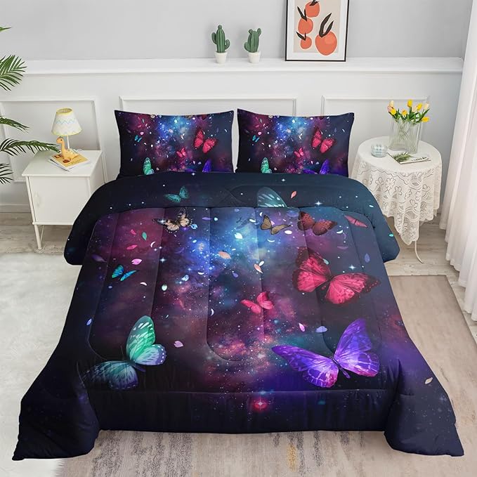 Datura home Butterfly Comforter Set for Girls Women,Colorful Butterflies in Space Galaxy Printed Black Bedding Set with 2 Pillowcases(Butterfly Galaxy Queen) - LeafyLoom